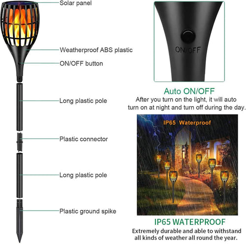 Outdoor Solar Torch Lights - 43" Flickering Flame Design, Waterproof Landscape Lighting with Dusk to Dawn Auto On/Off Feature, Ideal for Yard, Patio, and Driveway - Set of 4